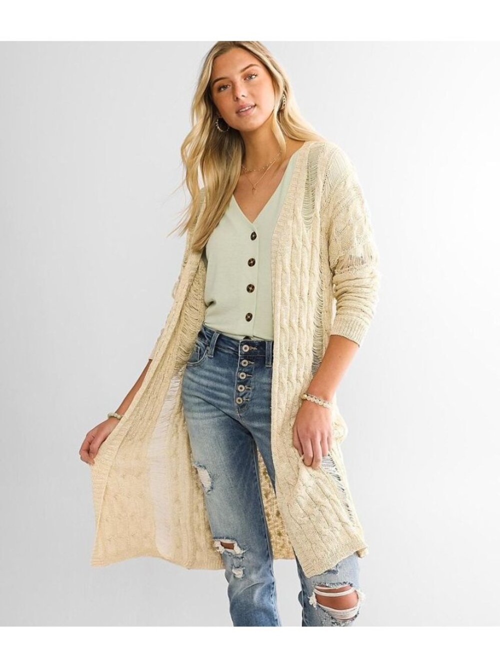 BKE Cardigan Sweater Size Small Destructed Cable Knit Long Open Weave Taupe